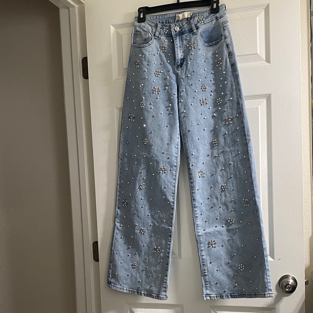 Embellished Denim Wide Leg Jeans